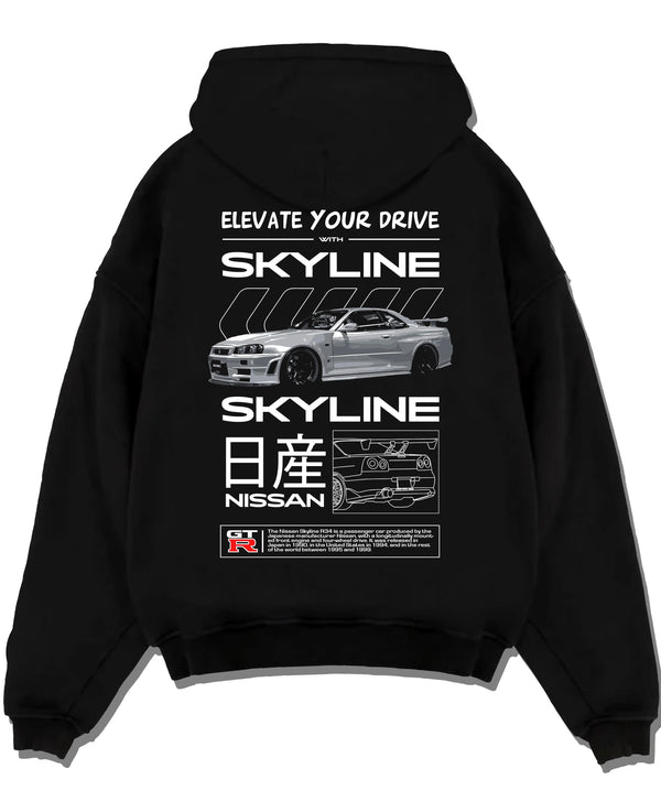Black pullover hoodie laid flat on a white background, featuring Nissan PATROL turbo turbocharged tuner street classic graphic.