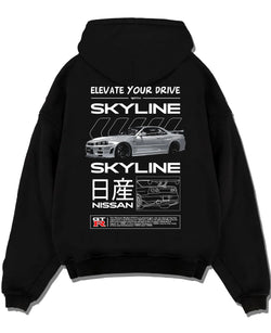 Black pullover hoodie laid flat on a white background, featuring Nissan PATROL turbo turbocharged tuner street classic graphic.