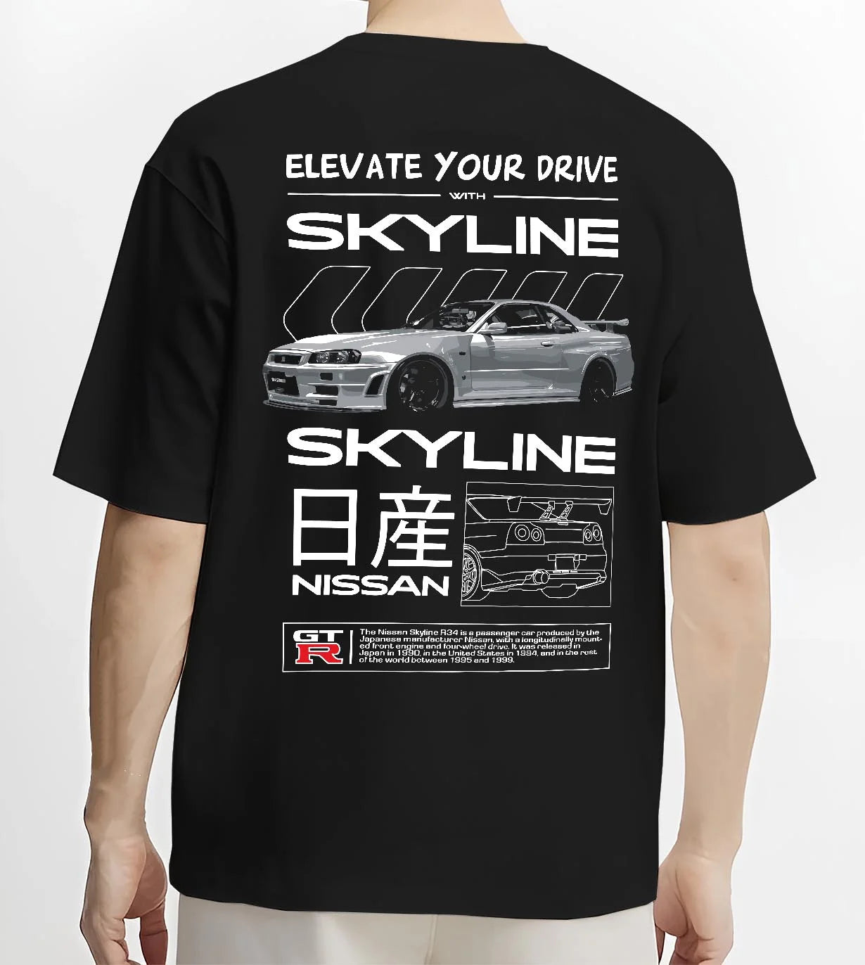 Black T-shirt worn by a male model, back view, featuring Nissan PATROL turbo turbocharged tuner street classic racing graphic.