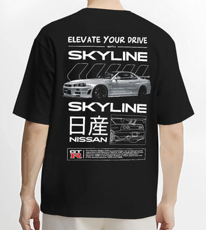 Black T-shirt worn by a male model, back view, featuring Nissan PATROL turbo turbocharged tuner street classic racing graphic.