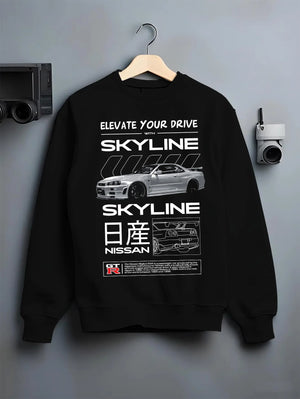 Black crewneck sweatshirt on a hanger against a grey wall, featuring Nissan PATROL turbo turbocharged tuner street classic graphic.