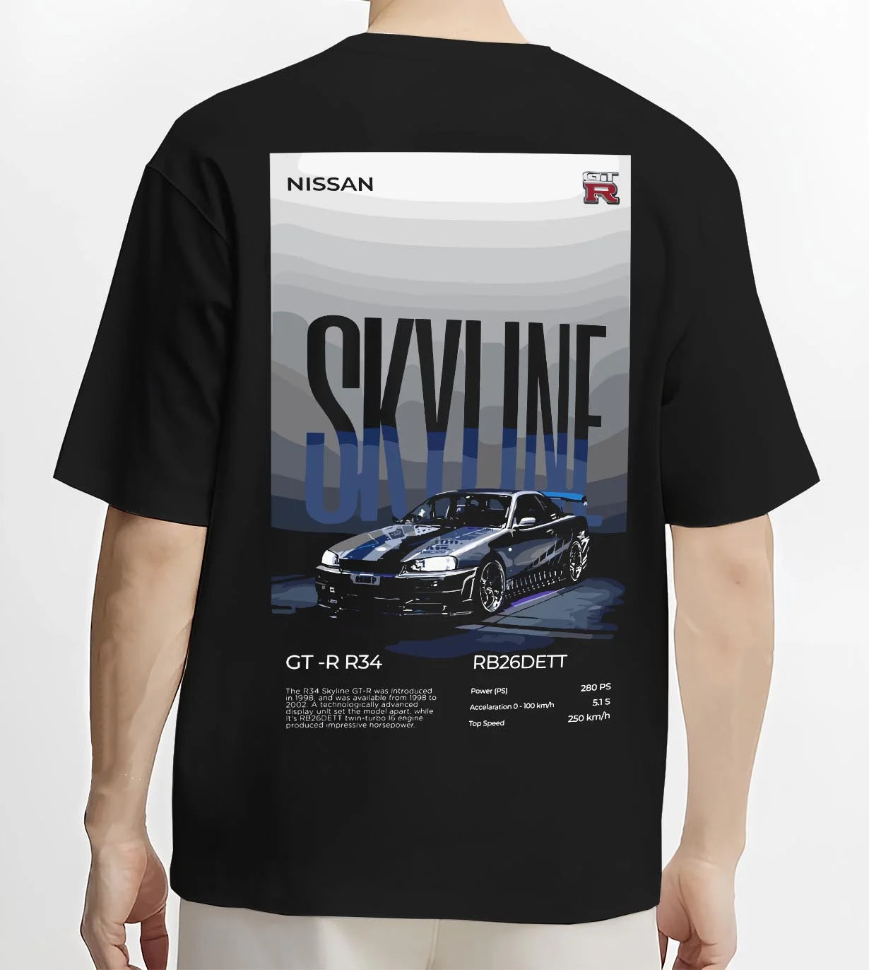 Black T-shirt worn by a male model, back view, featuring Nissan Skyline R34 gt r r34 skyline rb26 jdm legend graphic.