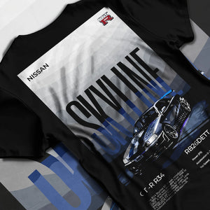 Black T-shirt laid flat with natural fabric folds, featuring Nissan Skyline R34 gt r r34 skyline rb26 jdm legend graphic.
