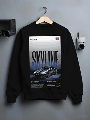 Black crewneck sweatshirt on a hanger against a grey wall, featuring Nissan Skyline R34 gt r r34 skyline rb26 jdm legend graphic.