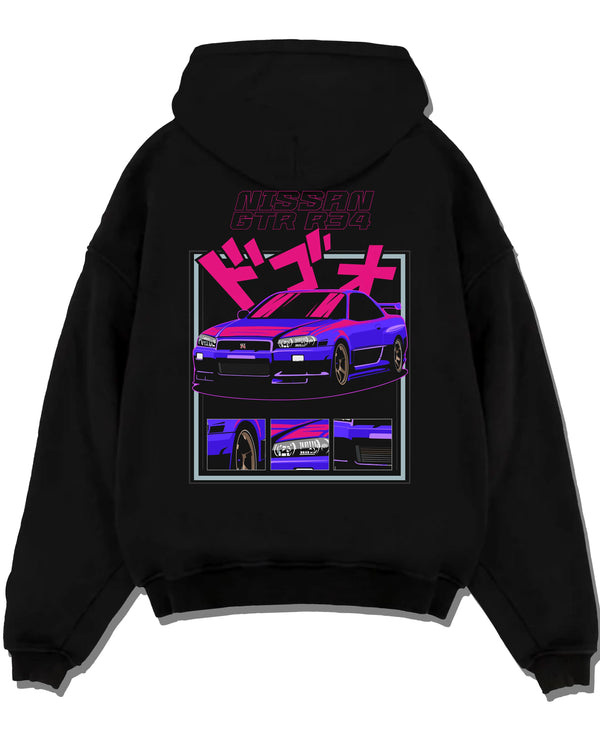 Black pullover hoodie laid flat on a white background, featuring Nissan Skyline turbo racing drift jdm japanese tuner graphic.