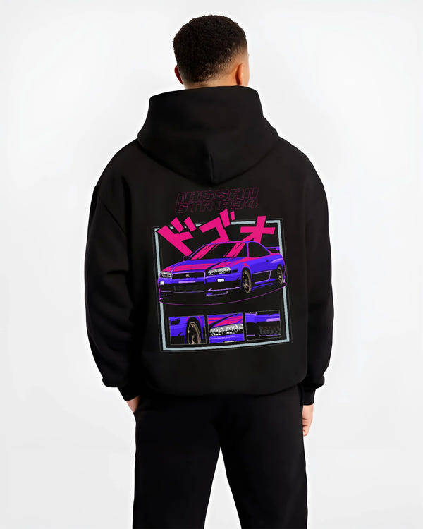 Black hoodie worn by a male model, back view, featuring Nissan Skyline turbo racing drift jdm japanese tuner stance street graphic.