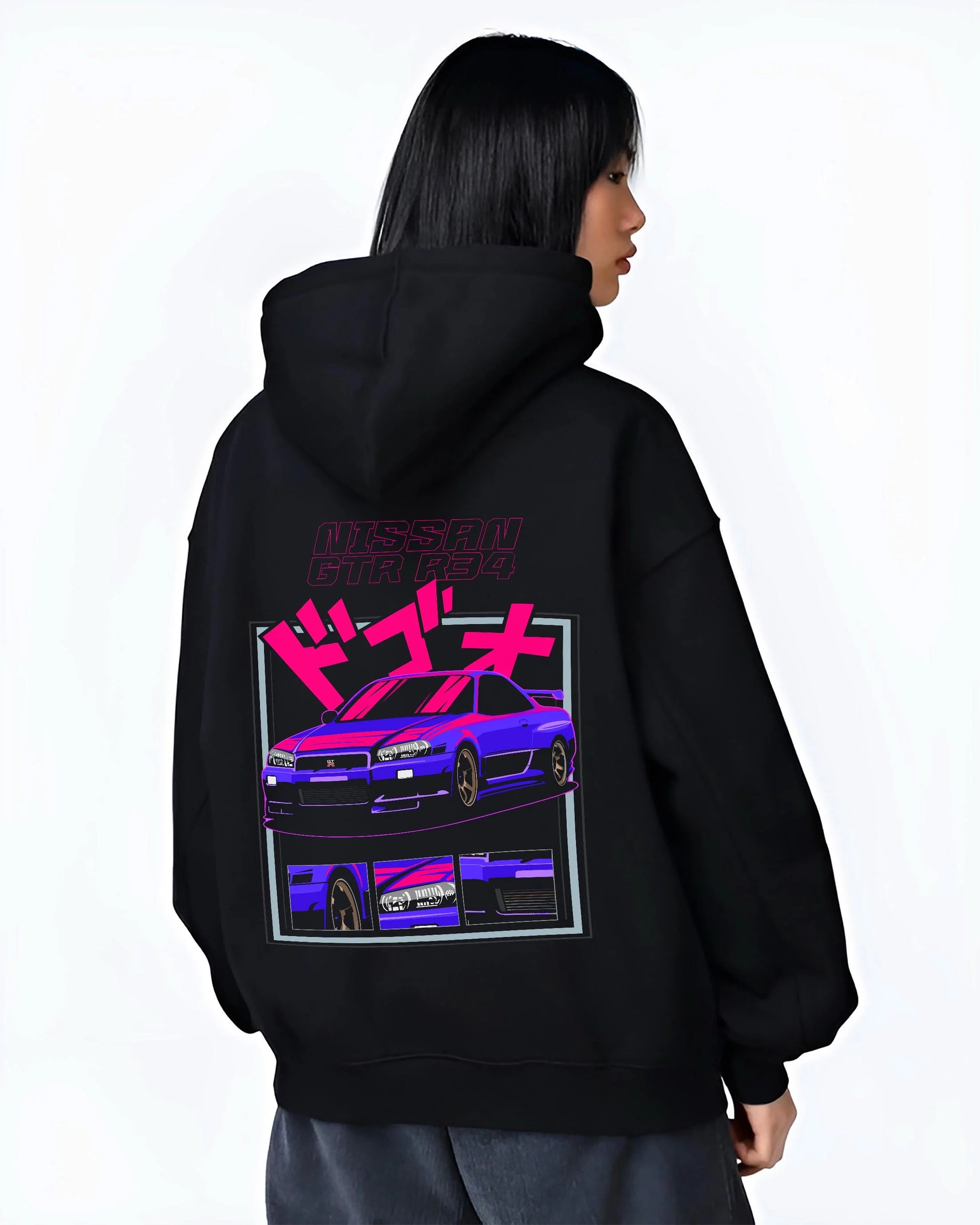 Black hoodie worn by a female model, back view, featuring Nissan Skyline turbo racing drift jdm japanese tuner stance graphic.