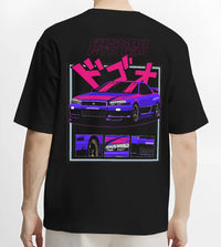 Black T-shirt worn by a male model, back view, featuring Nissan Skyline turbo racing drift jdm japanese tuner stance street graphic.