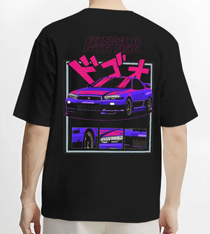 Black T-shirt worn by a male model, back view, featuring Nissan Skyline turbo racing drift jdm japanese tuner stance street graphic.