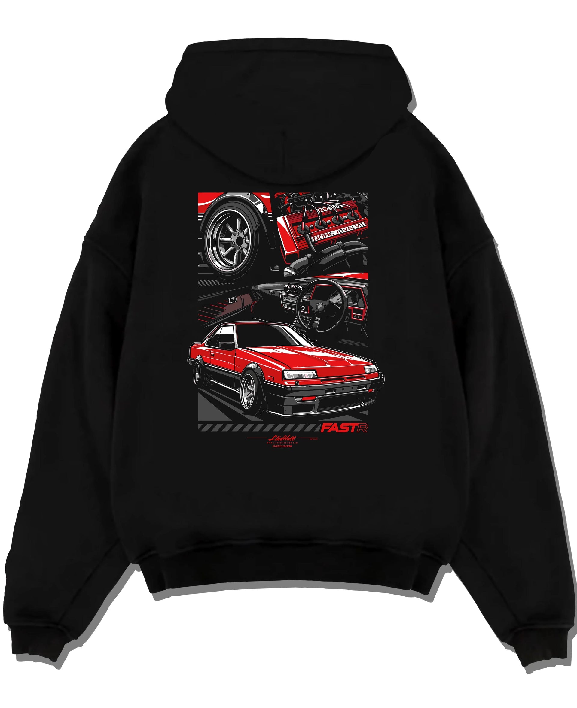 Black pullover hoodie laid flat on a white background, featuring Nissan Silvia turbo turbocharged racing drift jdm japanese graphic.