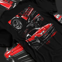 Black T-shirt laid flat with natural fabric folds, featuring Nissan Silvia turbo turbocharged racing drift jdm japanese graphic.