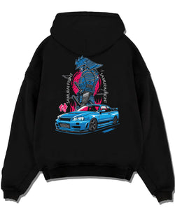 Black pullover hoodie laid flat on a white background, featuring Nissan Skyline R34 gt r r34 skyline drift jdm japanese graphic.