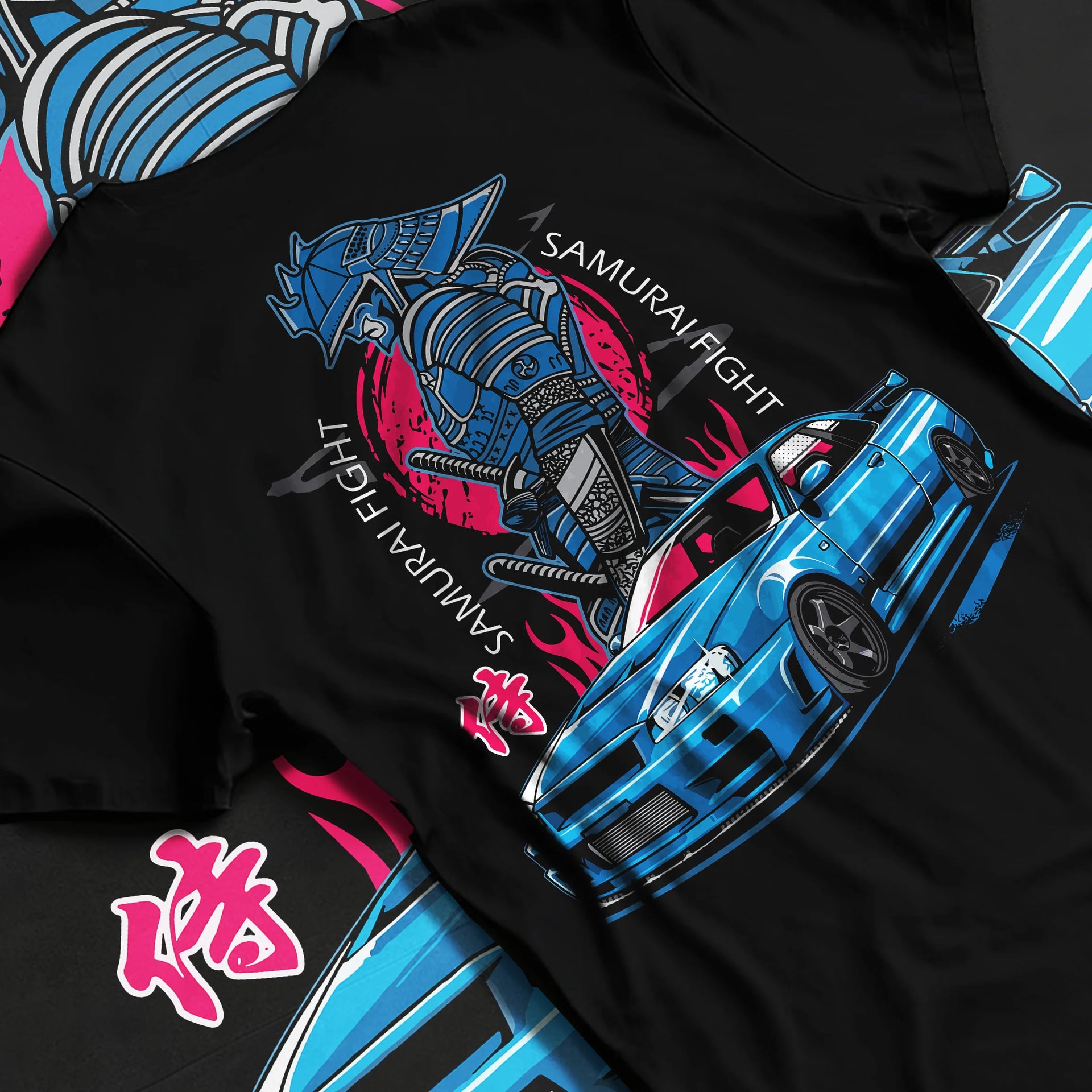 Black T-shirt laid flat with natural fabric folds, featuring Nissan Skyline R34 gt r r34 skyline drift jdm japanese street graphic.