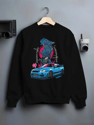 Black crewneck sweatshirt on a hanger against a grey wall, featuring Nissan Skyline R34 gt r r34 skyline drift jdm japanese graphic.