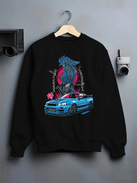 Black crewneck sweatshirt on a hanger against a grey wall, featuring Nissan Skyline R34 gt r r34 skyline drift jdm japanese graphic.