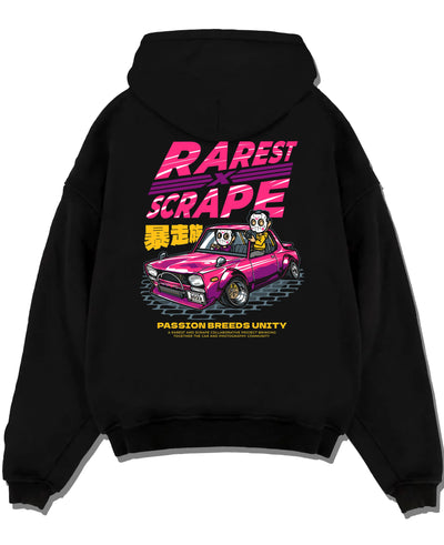 Black pullover hoodie laid flat on a white background, featuring Nissan 350Z turbo turbocharged racing drift jdm japanese nis77.