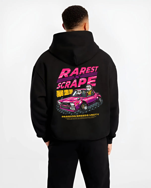 Black hoodie worn by a male model, back view, featuring Nissan 350Z turbo turbocharged racing drift jdm japanese stance graphic.