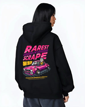 Black hoodie worn by a female model, back view, featuring Nissan 350Z turbo turbocharged racing drift jdm japanese stance graphic.