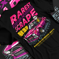 Black T-shirt laid flat with natural fabric folds, featuring Nissan 350Z turbo turbocharged racing drift jdm japanese graphic.