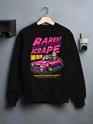 Black crewneck sweatshirt on a hanger against a grey wall, featuring Nissan 350Z turbo turbocharged racing drift jdm nis77.