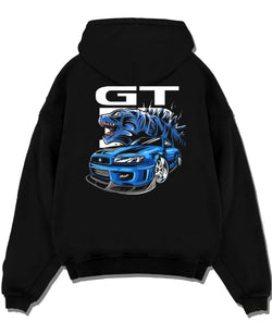 Black pullover hoodie laid flat on a white background, featuring Nissan GT-R R34 gt r r34 skyline turbo drift jdm japanese graphic.