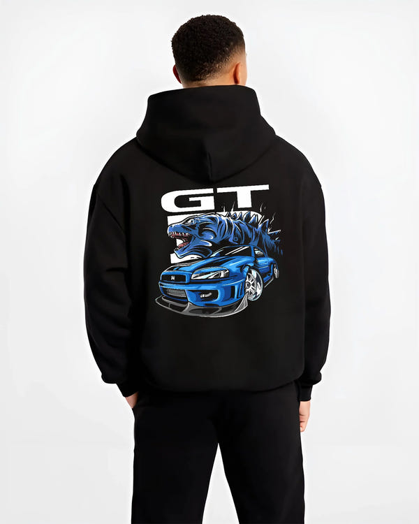 Black hoodie worn by a male model, back view, featuring Nissan GT-R R34 gt r r34 skyline turbo drift jdm japanese street graphic.