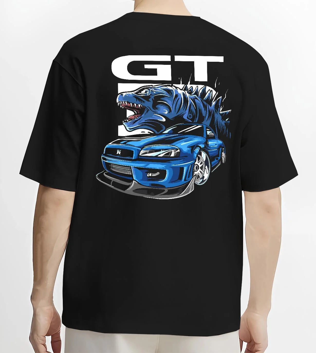Black T-shirt worn by a male model, back view, featuring Nissan GT-R R34 gt r r34 skyline turbo drift jdm japanese street graphic.