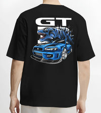 Black T-shirt worn by a male model, back view, featuring Nissan GT-R R34 gt r r34 skyline turbo drift jdm japanese street graphic.