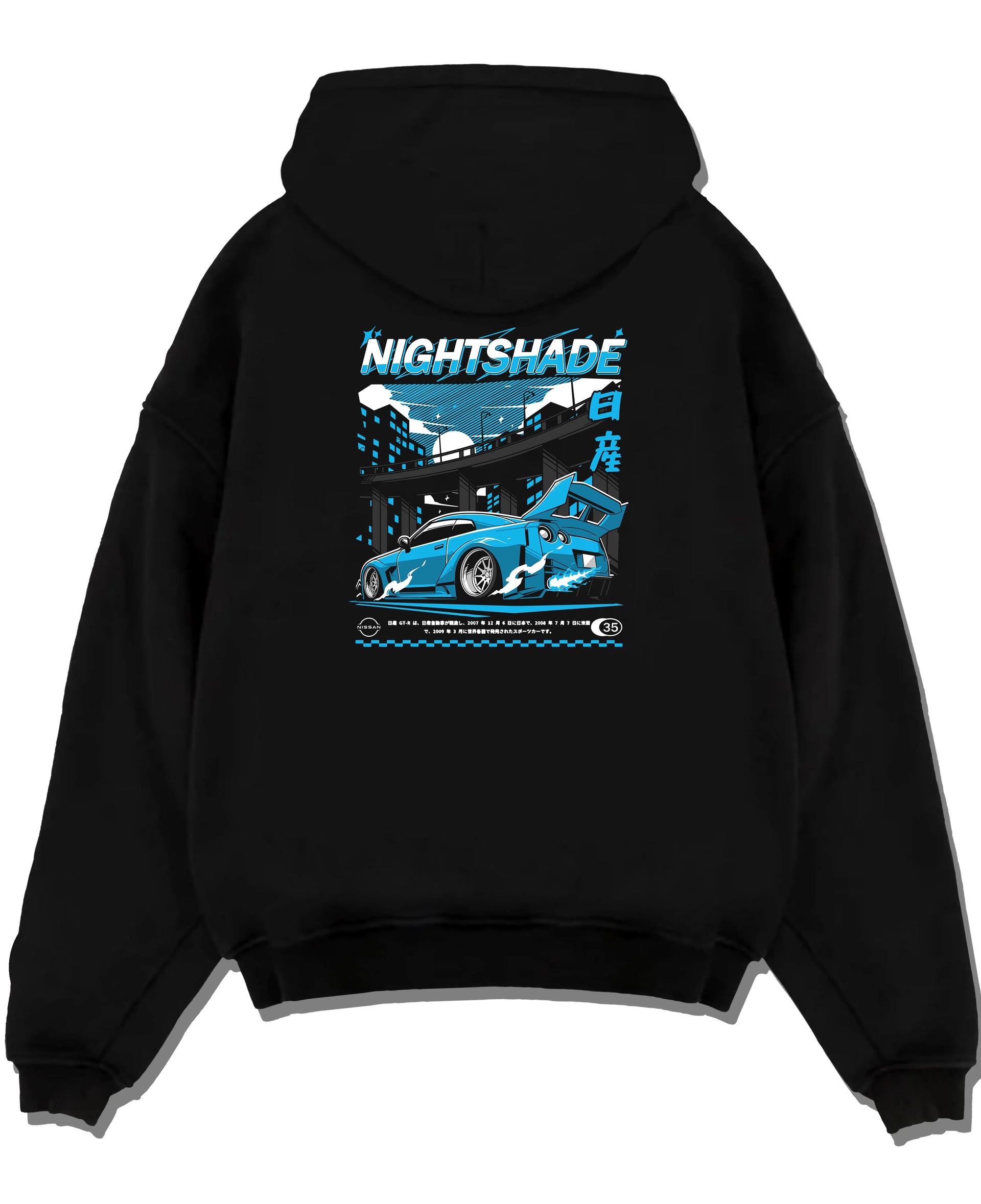 Black pullover hoodie laid flat on a white background, featuring Nissan GT-R R35 gt r r35 skyline racing drift jdm japanese graphic.