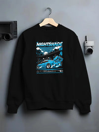 Black crewneck sweatshirt on a hanger against a grey wall, featuring Nissan GT-R R35 gt r r35 skyline racing drift jdm graphic.