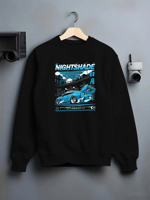 Black crewneck sweatshirt on a hanger against a grey wall, featuring Nissan GT-R R35 gt r r35 skyline racing drift jdm graphic.