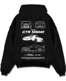 Black pullover hoodie laid flat on a white background, featuring Nissan Skyline R34 gtr r34 skyline turbo turbocharged nis7.