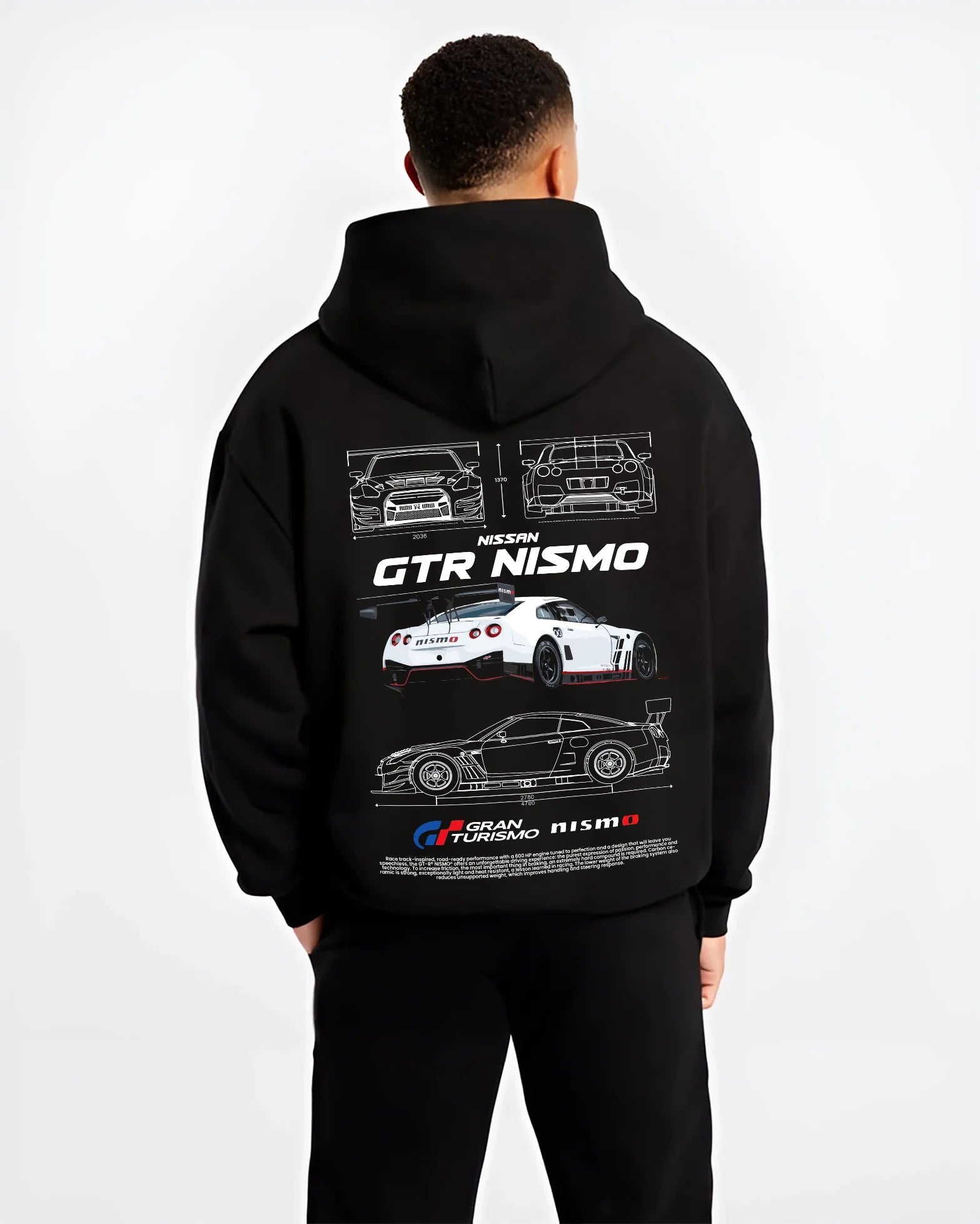 Black hoodie worn by a male model, back view, featuring Nissan Skyline R34 gtr r34 skyline turbo turbocharged racing drift nis7.