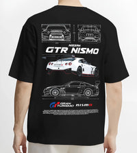 Black T-shirt worn by a male model, back view, featuring Nissan Skyline R34 gtr r34 skyline turbo turbocharged racing drift nis7.