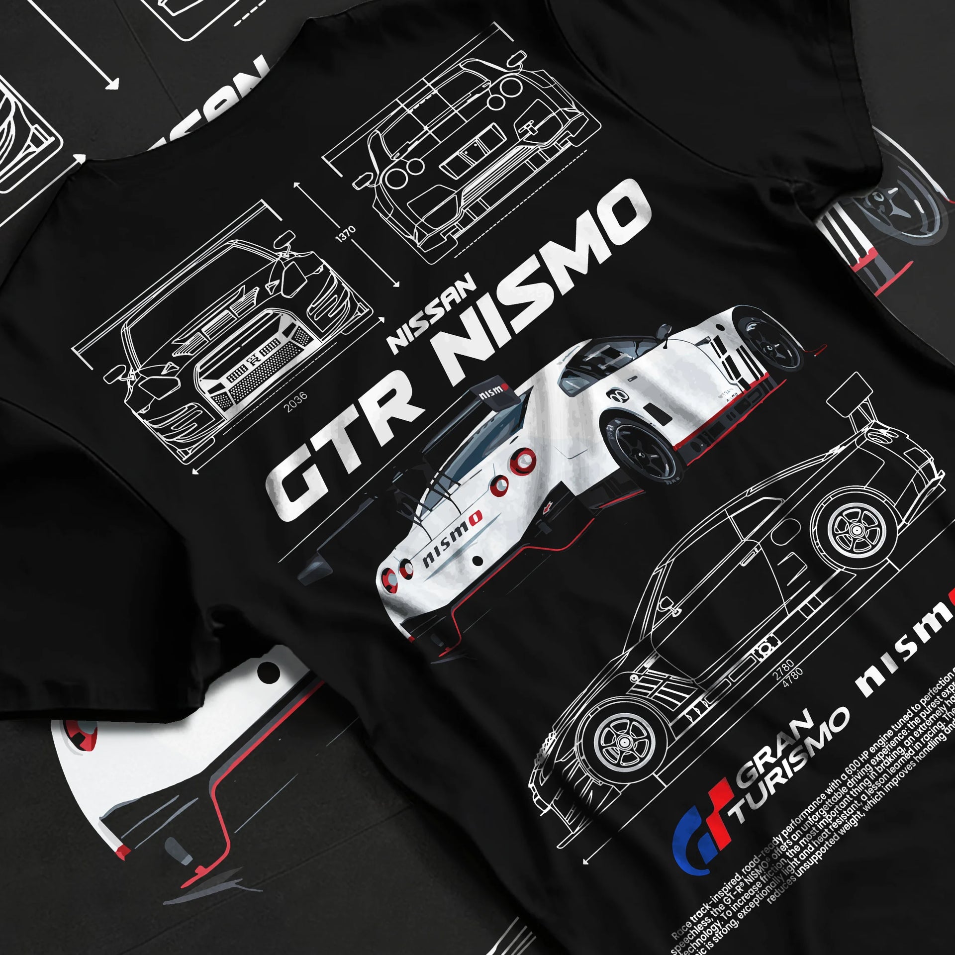 Black T-shirt laid flat with natural fabric folds, featuring Nissan Skyline R34 gtr r34 skyline turbo turbocharged racing nis7.