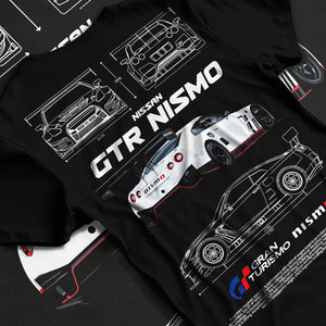 Black T-shirt laid flat with natural fabric folds, featuring Nissan Skyline R34 gtr r34 skyline turbo turbocharged racing nis7.