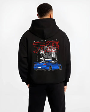 Black hoodie worn by a male model, back view, featuring Nissan GT-R gt r turbo turbocharged racing drift jdm japanese graphic.