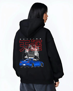 Black hoodie worn by a female model, back view, featuring Nissan GT-R gt r turbo turbocharged racing drift jdm japanese graphic.