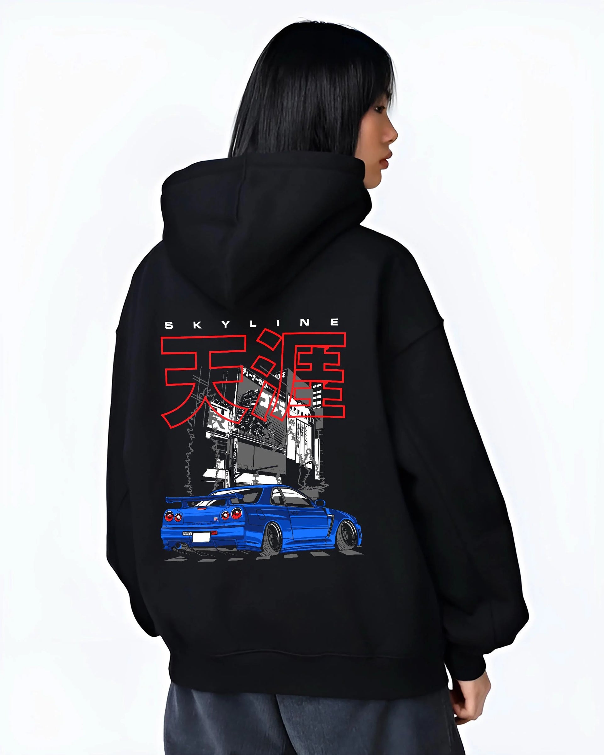 Black hoodie worn by a female model, back view, featuring Nissan GT-R gt r turbo turbocharged racing drift jdm japanese graphic.