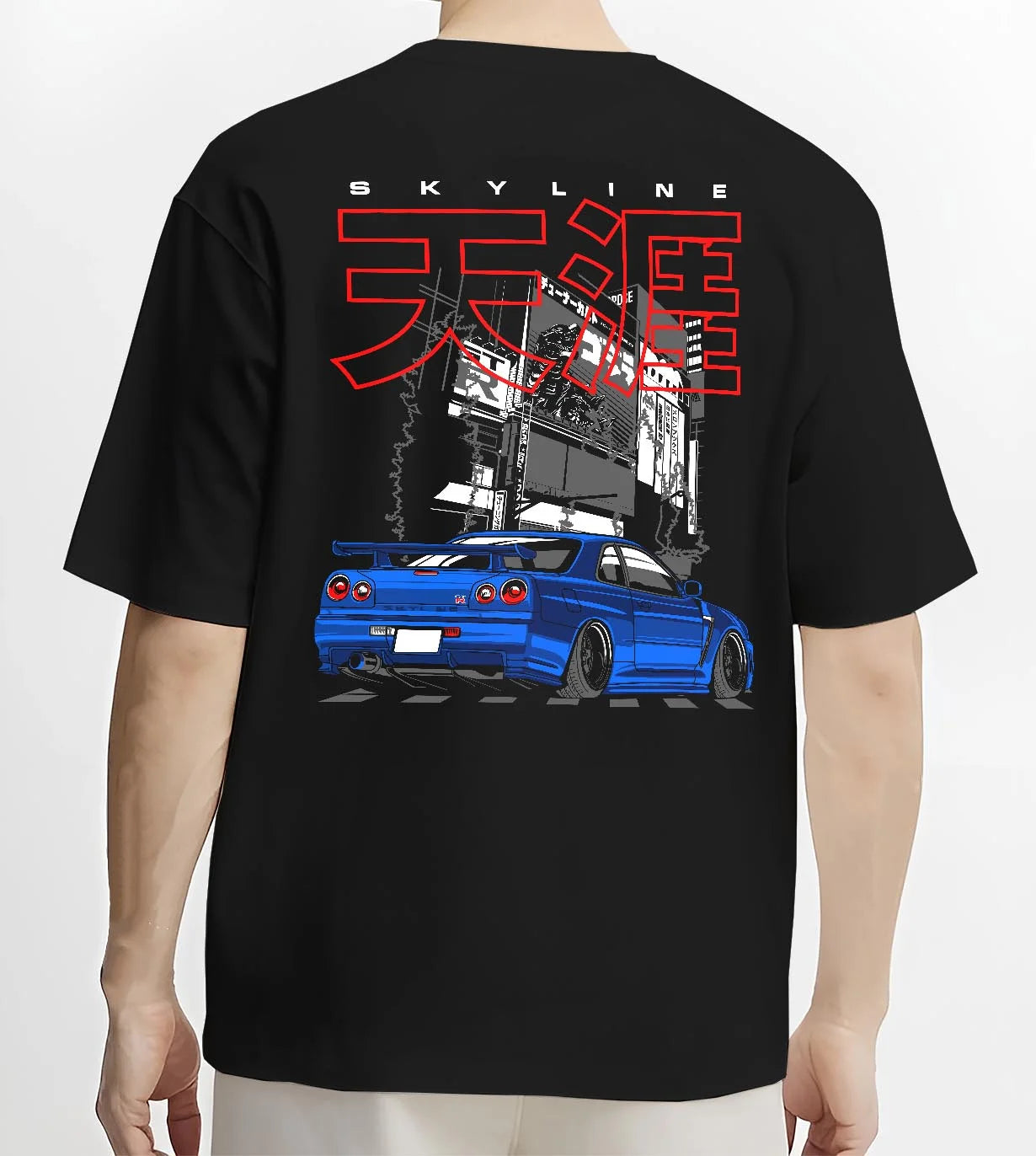 Black T-shirt worn by a male model, back view, featuring Nissan GT-R gt r turbo turbocharged racing drift jdm japanese graphic.
