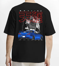 Black T-shirt worn by a male model, back view, featuring Nissan GT-R gt r turbo turbocharged racing drift jdm japanese graphic.