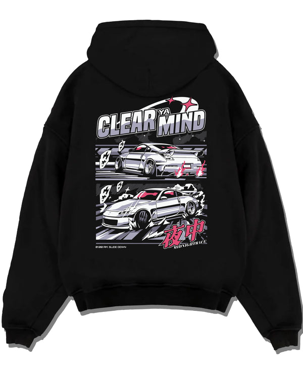 Black pullover hoodie laid flat on a white background, featuring Nissan race drift jdm japanese tuner street midnight graphic.