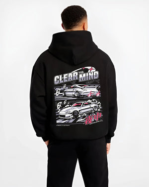 Black hoodie worn by a male model, back view, featuring Nissan race drift jdm japanese tuner street midnight graphic.