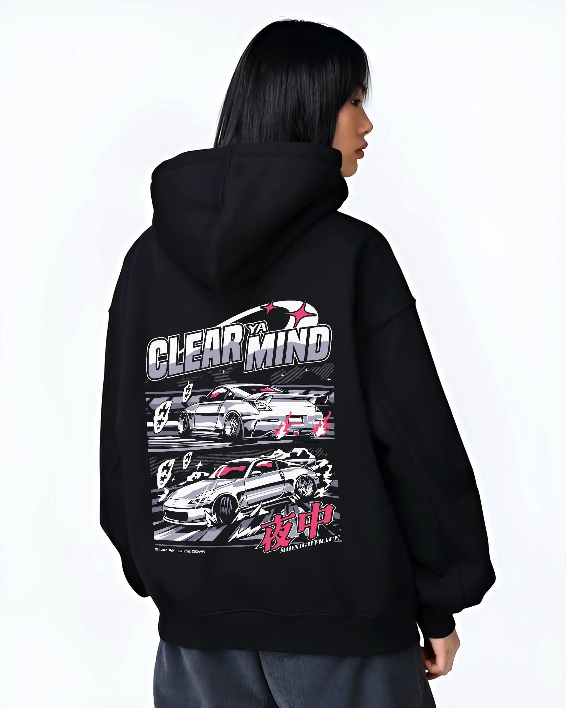 Black hoodie worn by a female model, back view, featuring Nissan race drift jdm japanese tuner street midnight graphic.