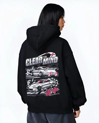 Black hoodie worn by a female model, back view, featuring Nissan race drift jdm japanese tuner street midnight graphic.