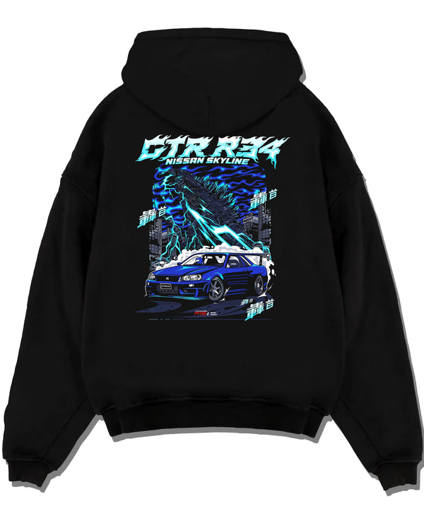 Black pullover hoodie laid flat on a white background, featuring Nissan Skyline R34 gtr r34 skyline racing drift jdm graphic.