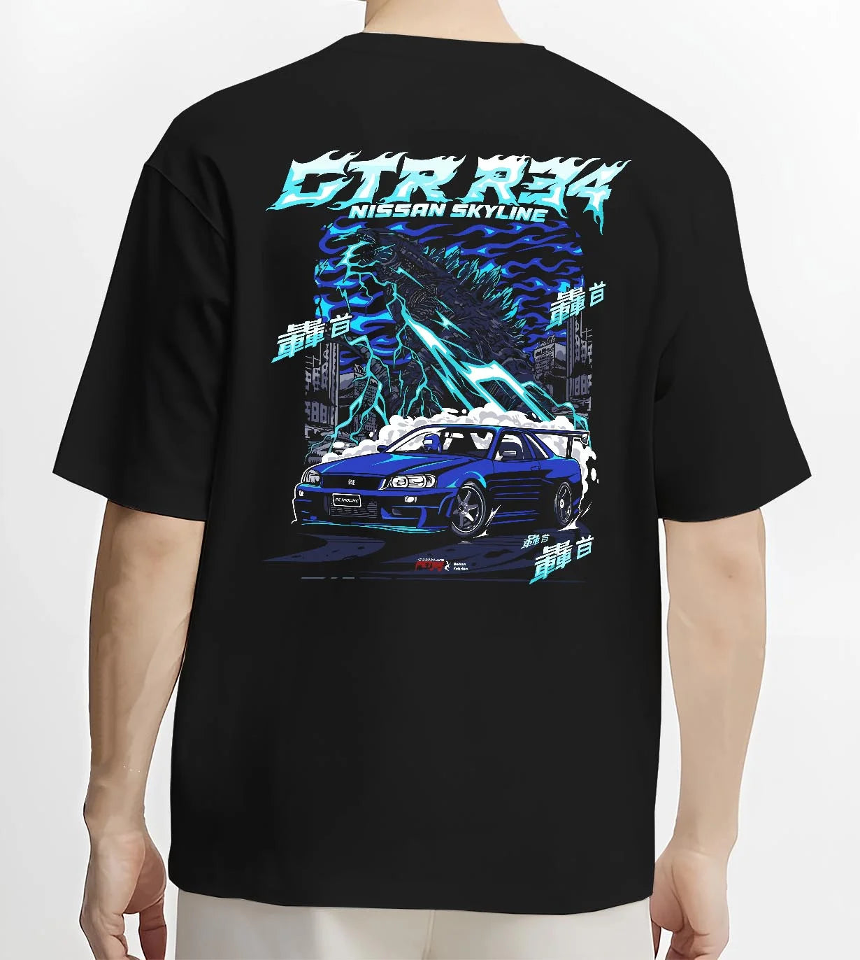 Black T-shirt worn by a male model, back view, featuring Nissan Skyline R34 gtr r34 skyline racing drift jdm japanese tuner graphic.
