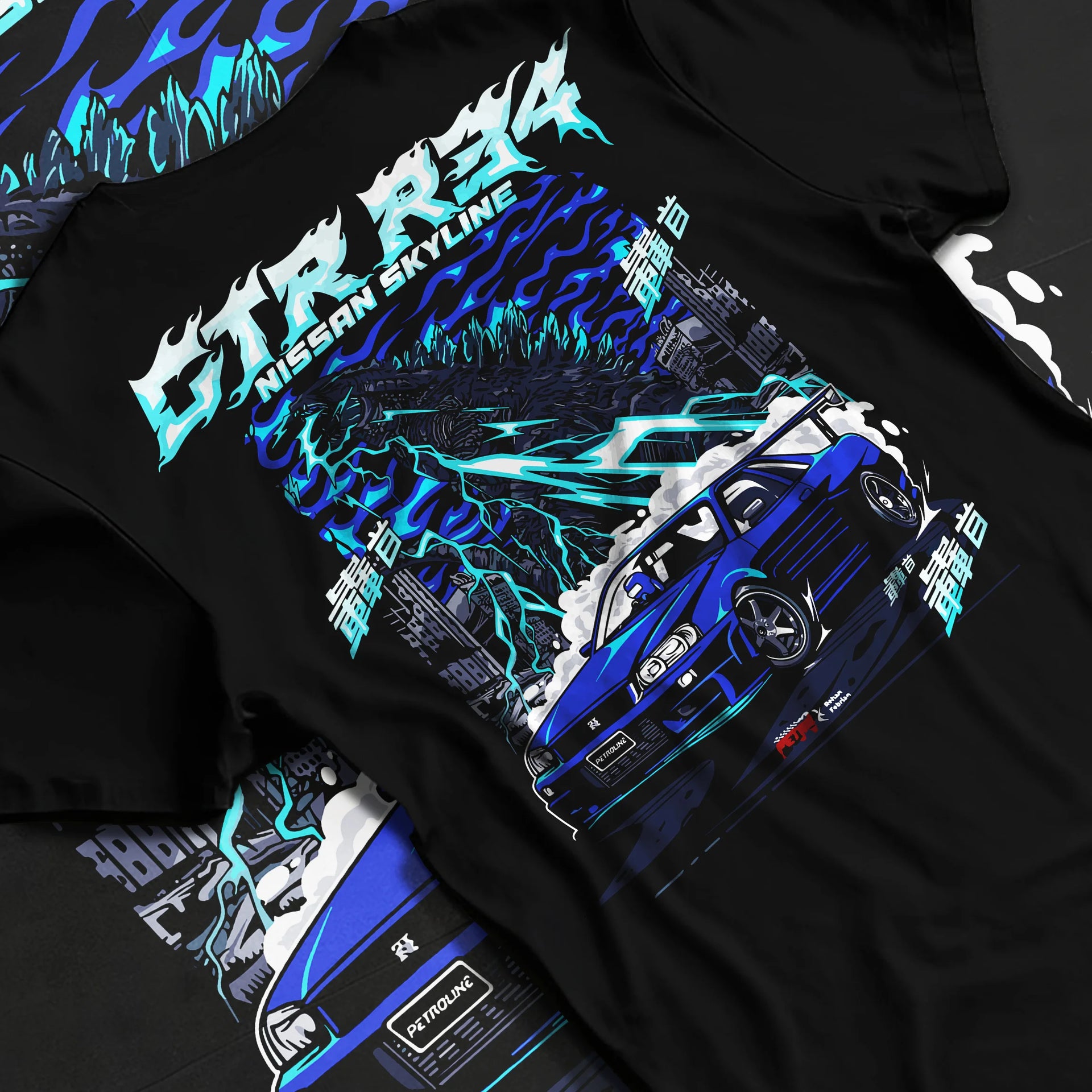 Black T-shirt laid flat with natural fabric folds, featuring Nissan Skyline R34 gtr r34 skyline racing drift jdm japanese graphic.
