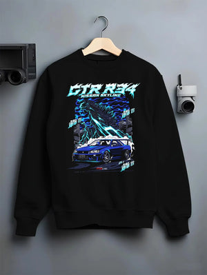 Black crewneck sweatshirt on a hanger against a grey wall, featuring Nissan Skyline R34 gtr r34 skyline racing drift jdm graphic.