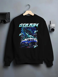 Black crewneck sweatshirt on a hanger against a grey wall, featuring Nissan Skyline R34 gtr r34 skyline racing drift jdm graphic.